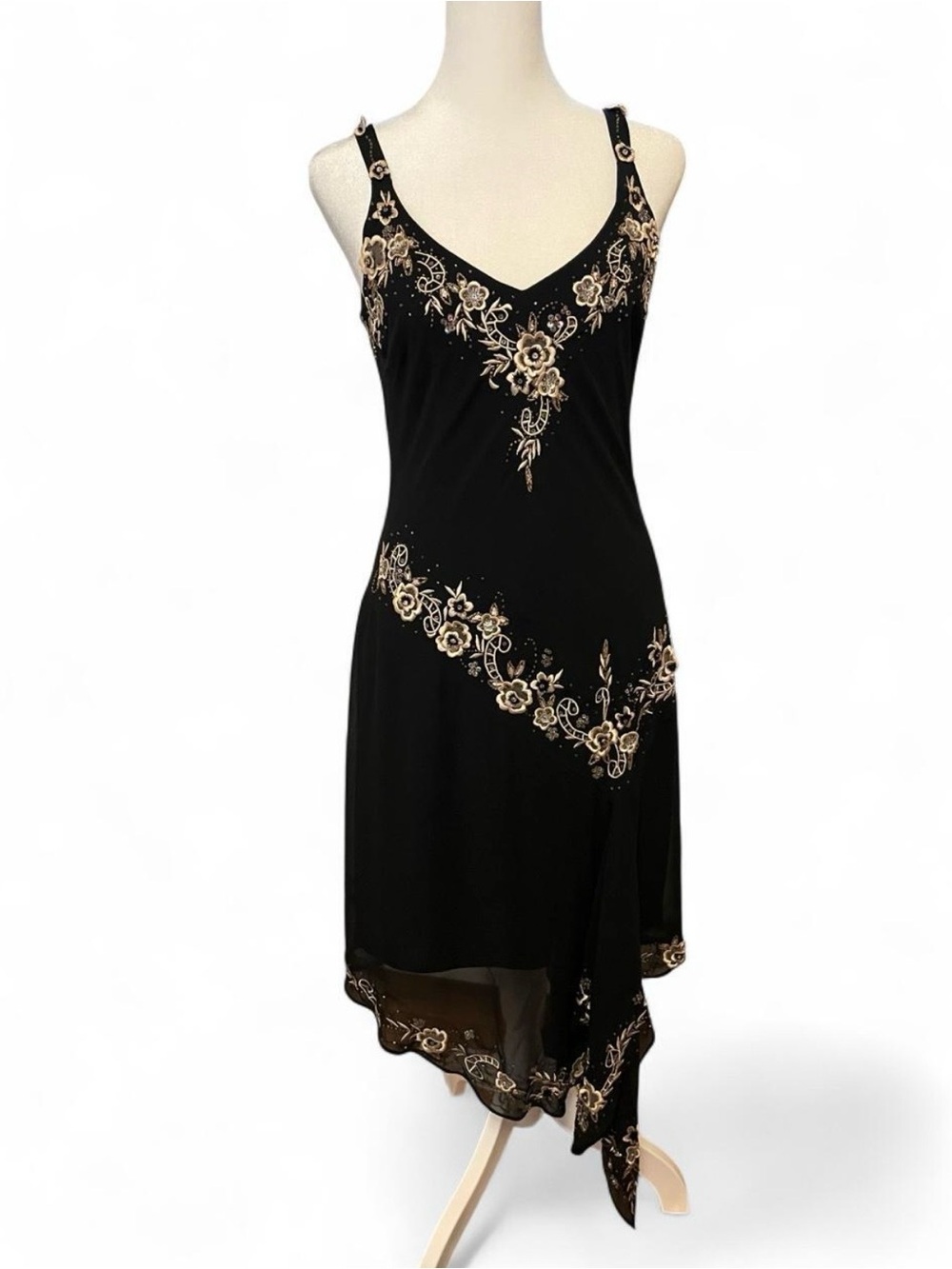 VTG Y2K R&M Richards Black Slip Dress with Gold Floral Embroidery Beading fairy